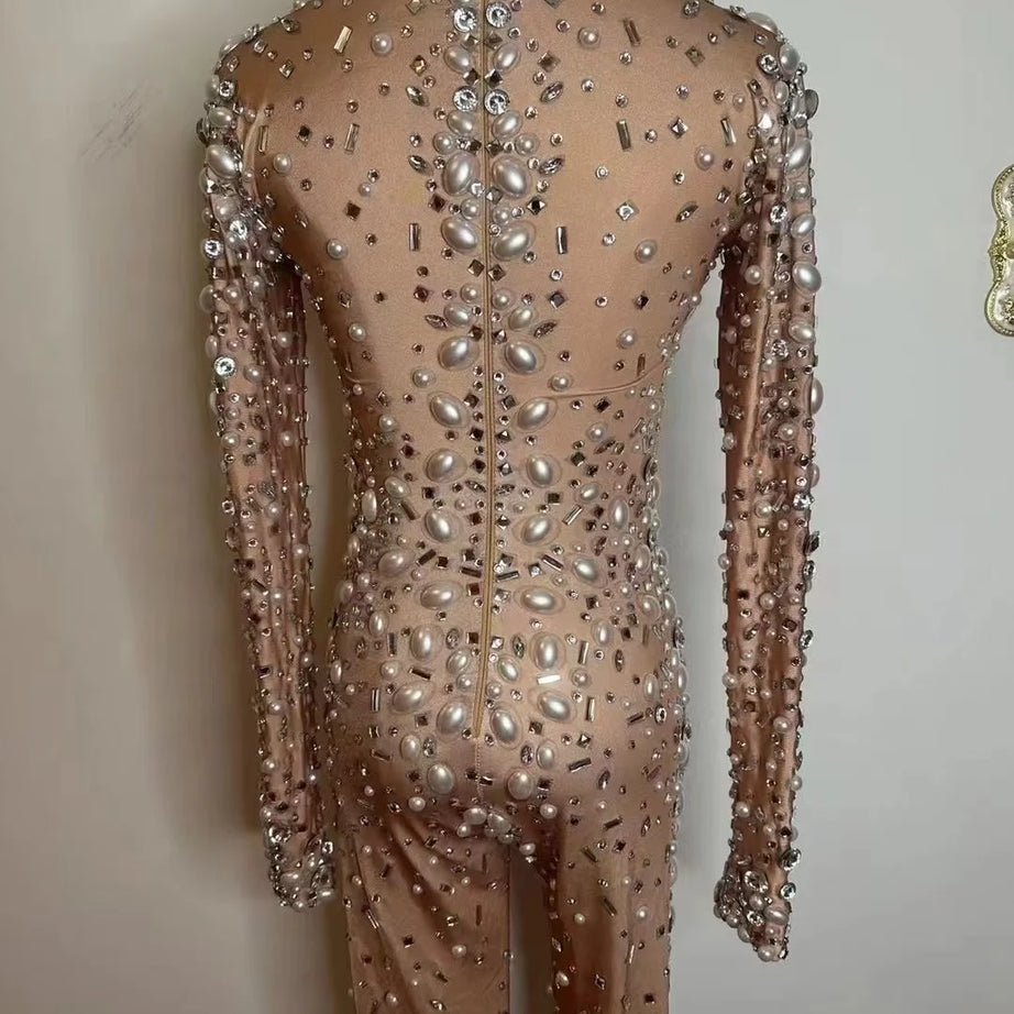 Sparkly Rhinestones Stretch Transparent Jumpsuit Evening Birthday Celebrate Outfit Sexy Dancer Bodysuit Leggings