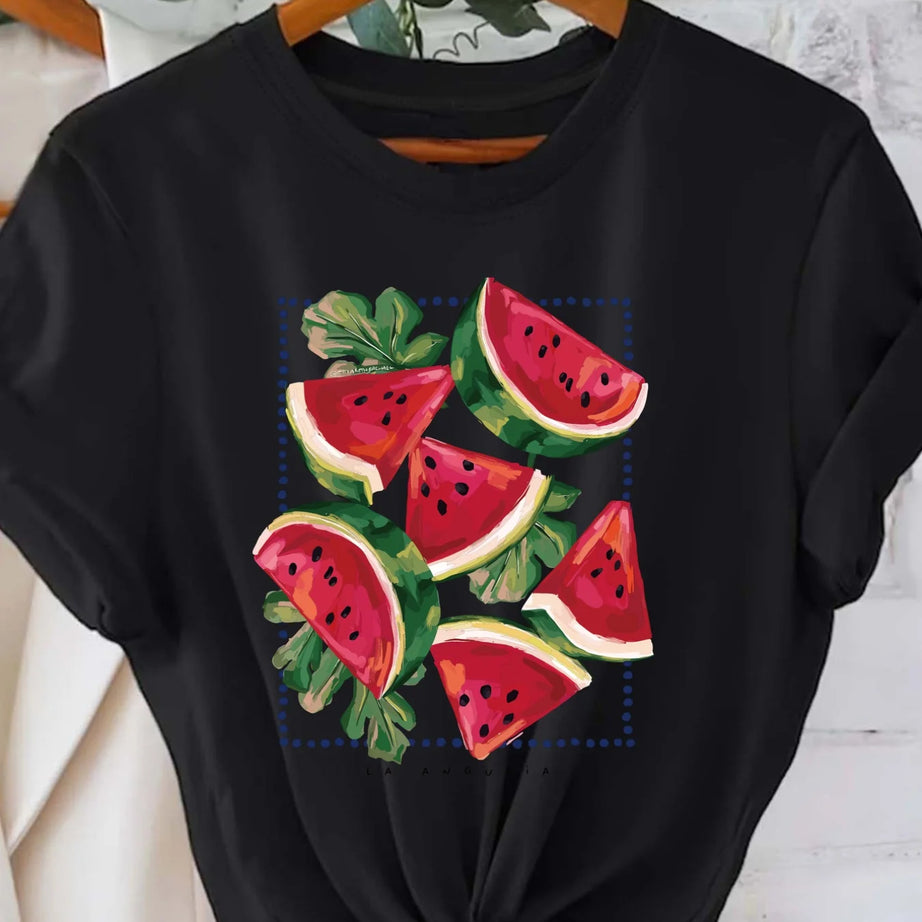 T-shirt minimaliste à imprimé pastèque pour l'été, haut décontracté à manches courtes et col rond pour femme, vêtement doux au quotidien