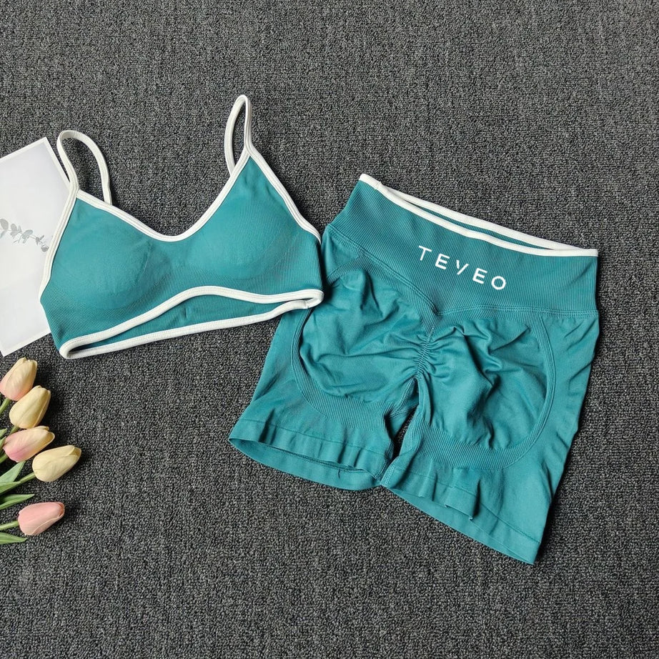 TEVEO 2pcs Women's Sports Yoga Shorts Fitness Cycling Elastic Sports Pants Ignite Sculpt Scrunch Short Yoga Bra Set leggings