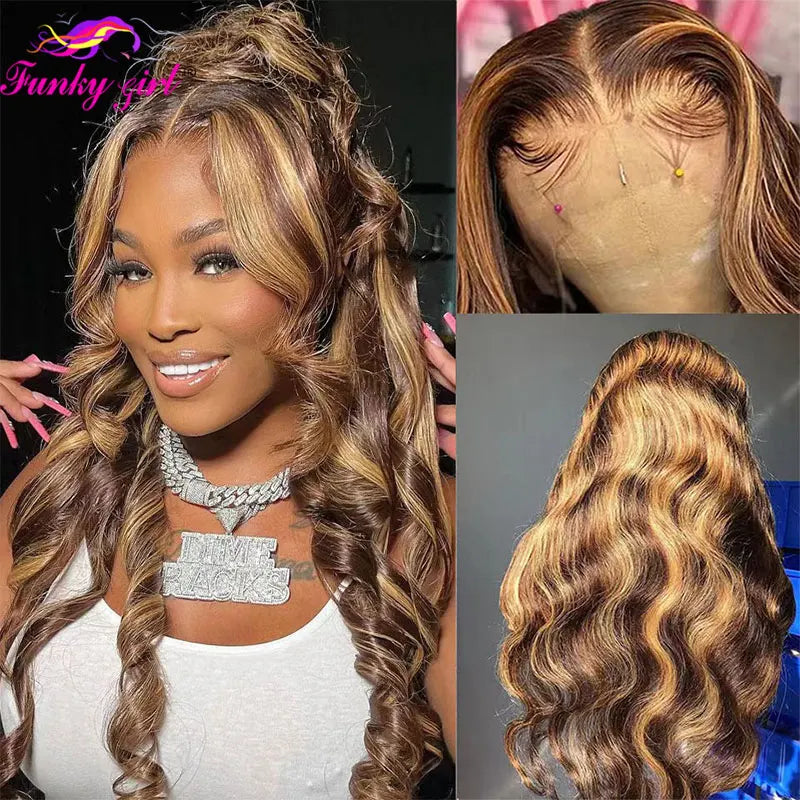 Perruque ondulée en cheveux humains, perruque en dentelle, blond miel, raie en T, perruque brésilienne Remy, 27/04