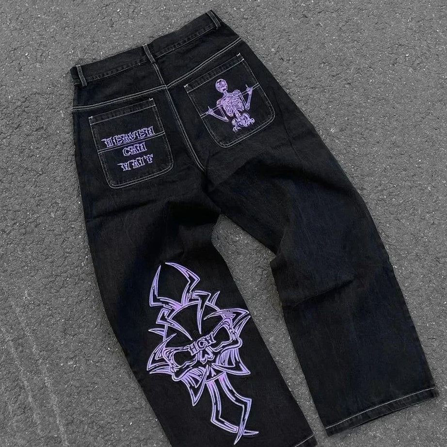 Jean tendance streetwear brodé de têtes de mort pour femme, style Harajuku Y2K, pantalon droit à jambes larges, style Joker, jean décontracté pour couple