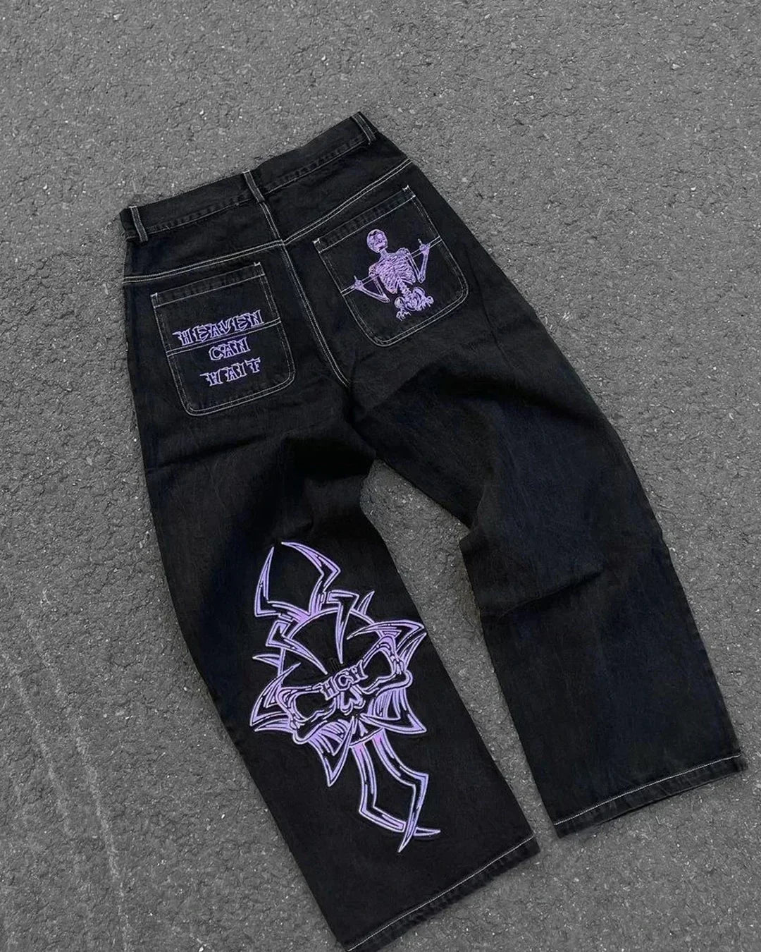 Jean tendance streetwear brodé de têtes de mort pour femme, style Harajuku Y2K, pantalon droit à jambes larges, style Joker, jean décontracté pour couple