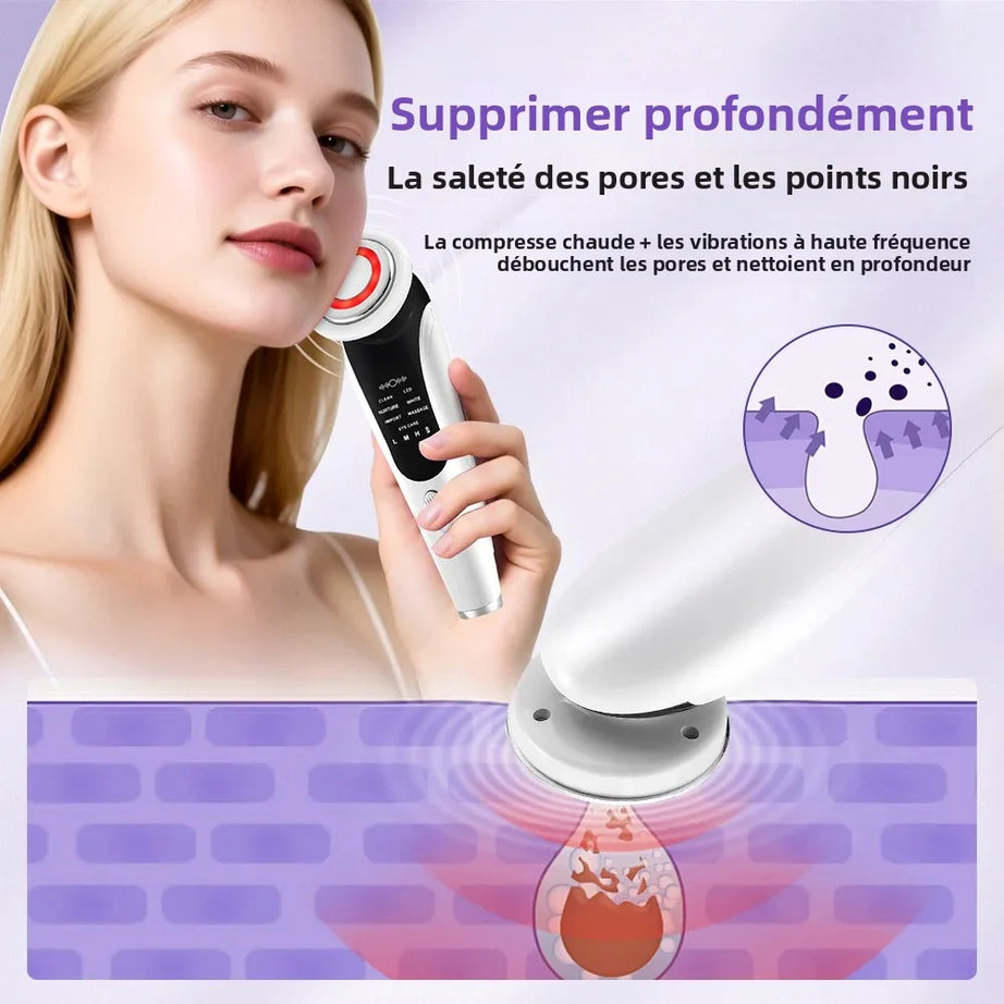 Appareil de massage facial EMS 7 en 1, instrument de beauté pour le visage avec vibrations induites, compresses chaudes et thérapie par la lumière LED.