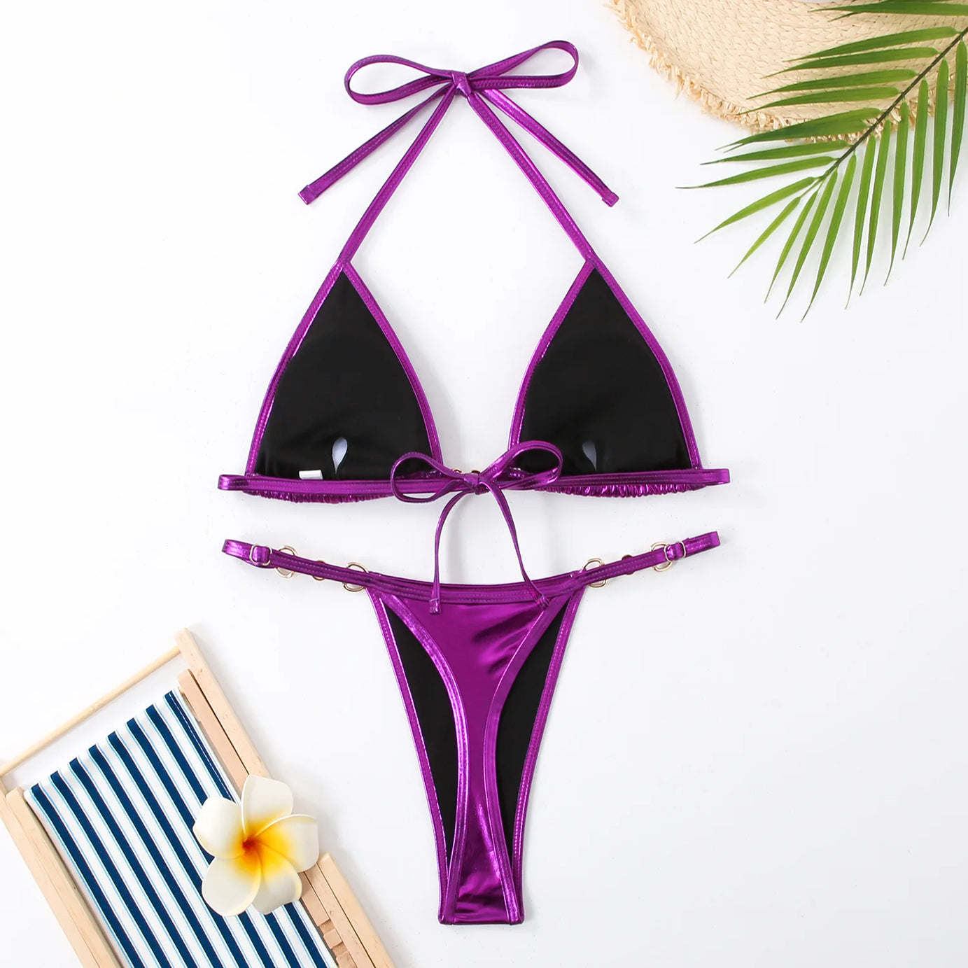 Micro bikini rose brillant 2025 Femme Sexy PU Perles Push-up String Maillot de bain été Maillot de bain bandage vacances