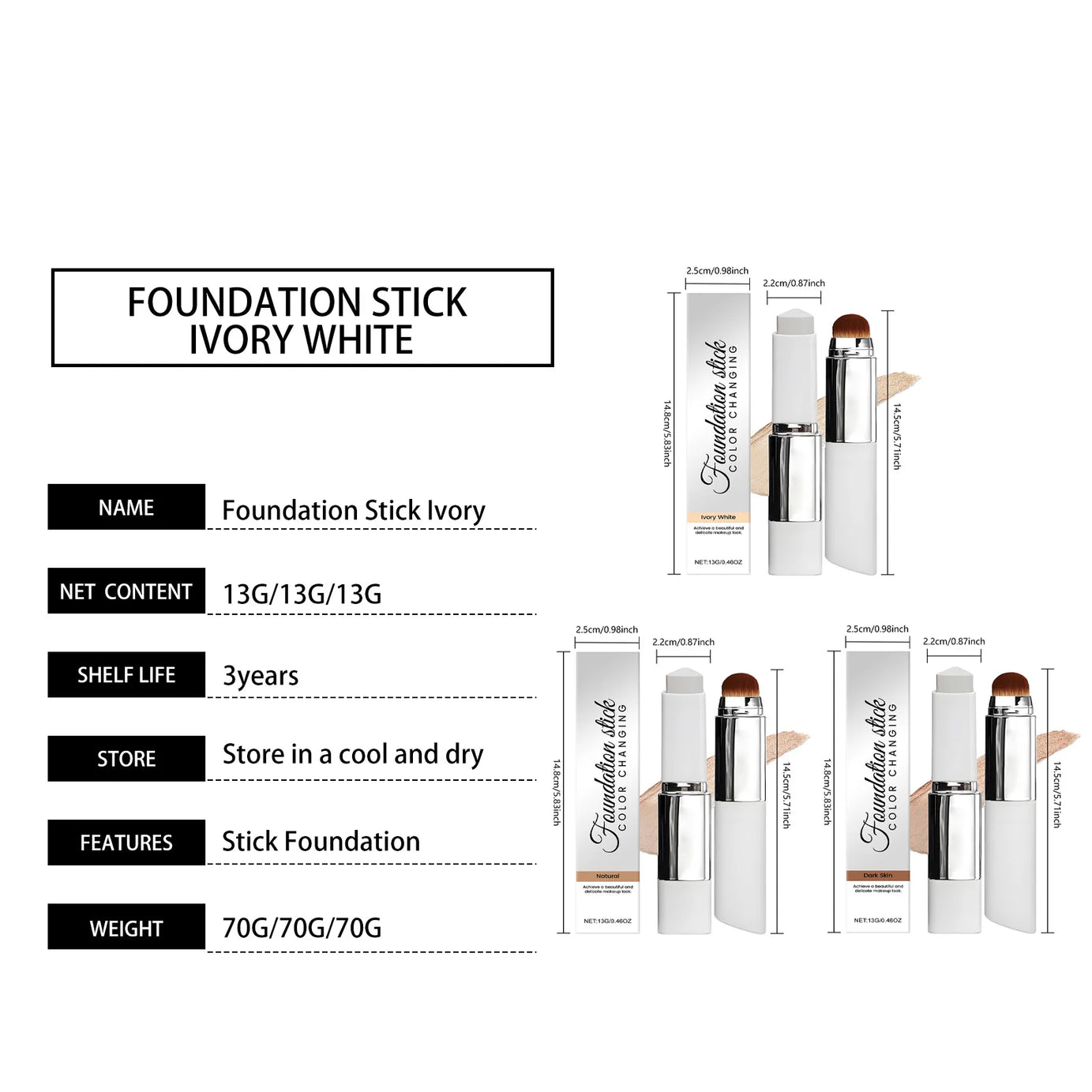 Fond de teint stick double embout avec pinceau, 3 teintes, léger, hydratant, illuminateur, matifiant, correcteur, fond de teint stick 2 en 1
