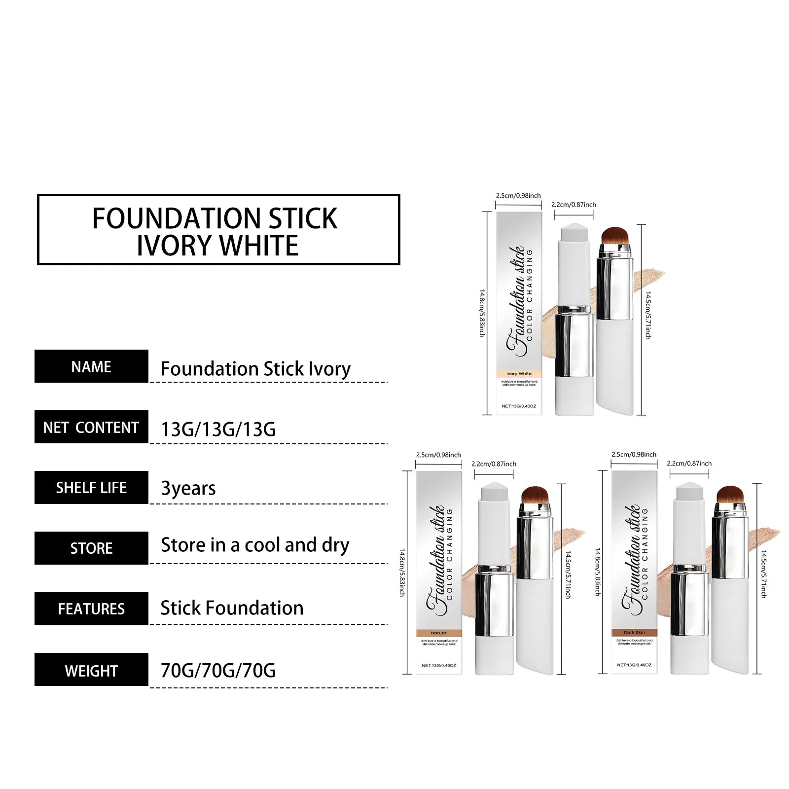 Fond de teint stick double embout avec pinceau, 3 teintes, léger, hydratant, illuminateur, matifiant, correcteur, fond de teint stick 2 en 1