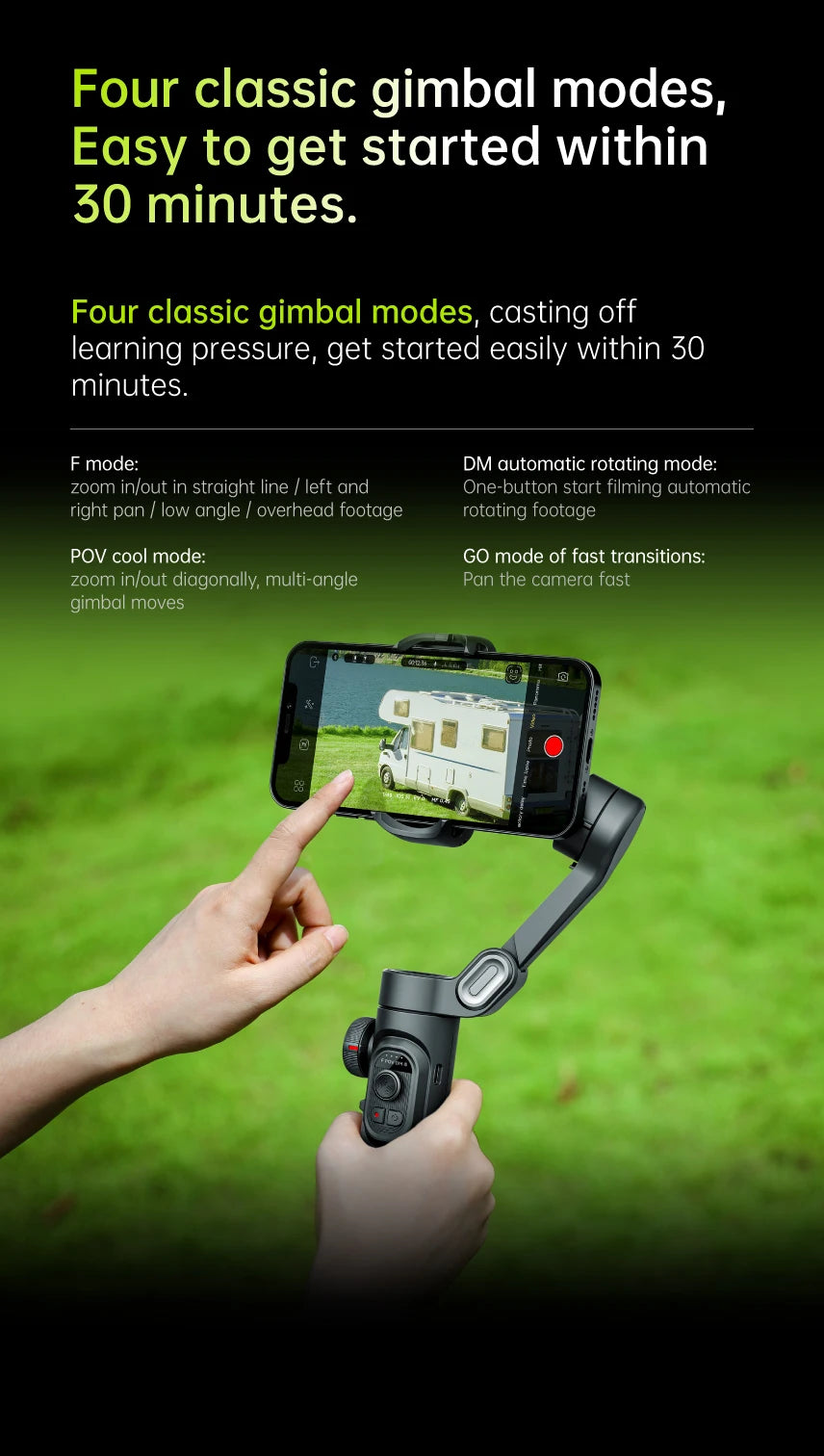 Stabilisateur à cardan 3 axes pour smartphone, pliable, portable, pour l'enregistrement vidéo, les vlogs et les appareils Android. Stabilisateur anti-tremblement PTZ pour iPhone et Android.