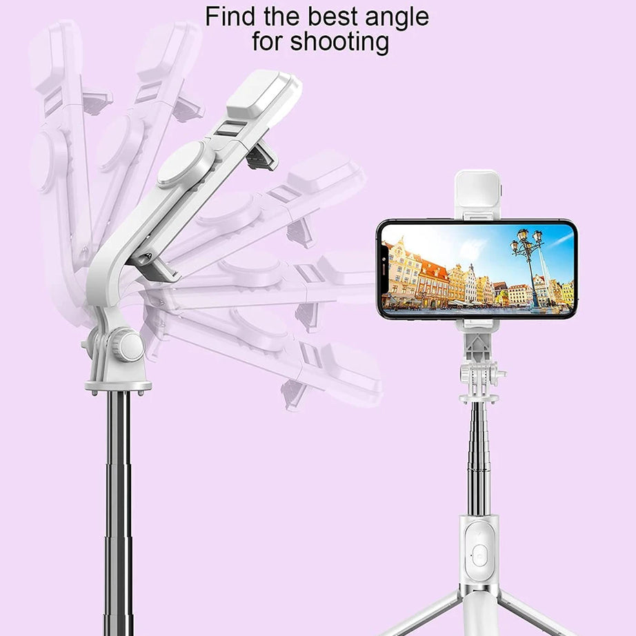 Perche à selfie sans fil Bluetooth avec trépied pliable et portable, éclairage d'appoint et télécommande pour smartphones Android et iPhone.