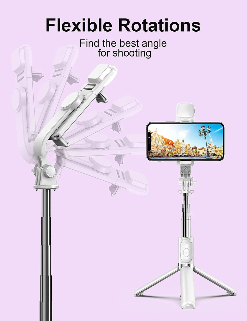 Perche à selfie sans fil Bluetooth avec trépied pliable et portable, éclairage d'appoint et télécommande pour smartphones Android et iPhone.