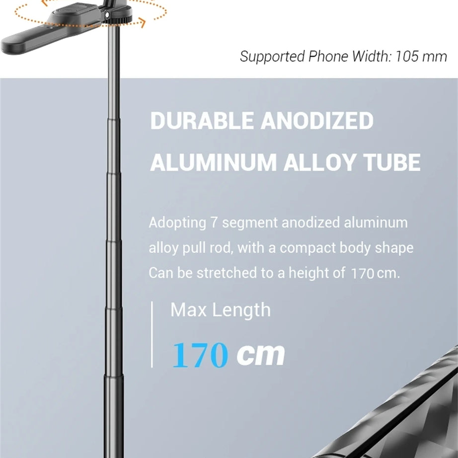 Perche à selfie sans fil FANGTUOSI 1750 mm, trépied, monopode pliable avec lumière LED pour smartphones, prise de vue stable et équilibrée en direct