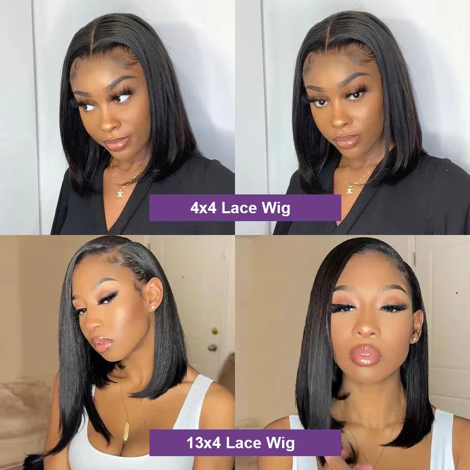 Perruque courte et lisse 13x4 avec lace front transparente 4x4, densité 200%, 100% cheveux humains, pré-épilée, pour femmes noires, 12 à 16 pouces.