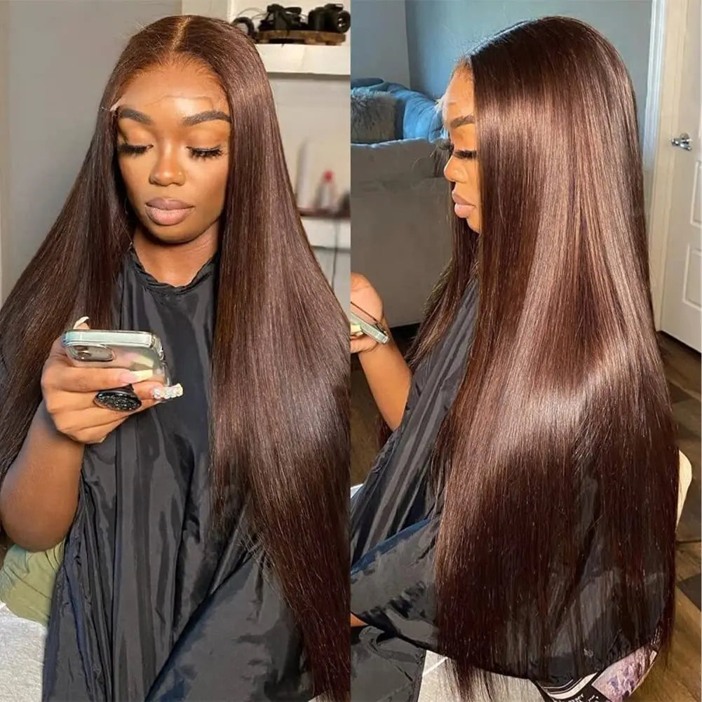 Perruque Lace Front HD Chocolat Brun Os Lisse 13x4 13x6, 38 pouces, Cheveux Humains Pré-épilés, Couleur #4