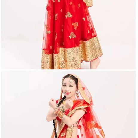 Yiman Exotic Indian Dance Dress Ethnic Style Female Photo Belly Dance Sari Top Big Swing Skirt Lengha Set
