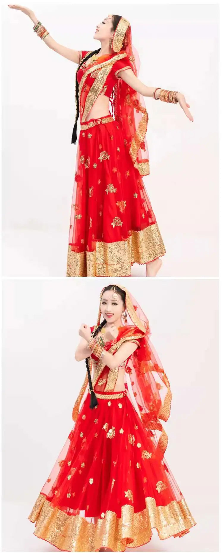 Yiman Exotic Indian Dance Dress Ethnic Style Female Photo Belly Dance Sari Top Big Swing Skirt Lengha Set