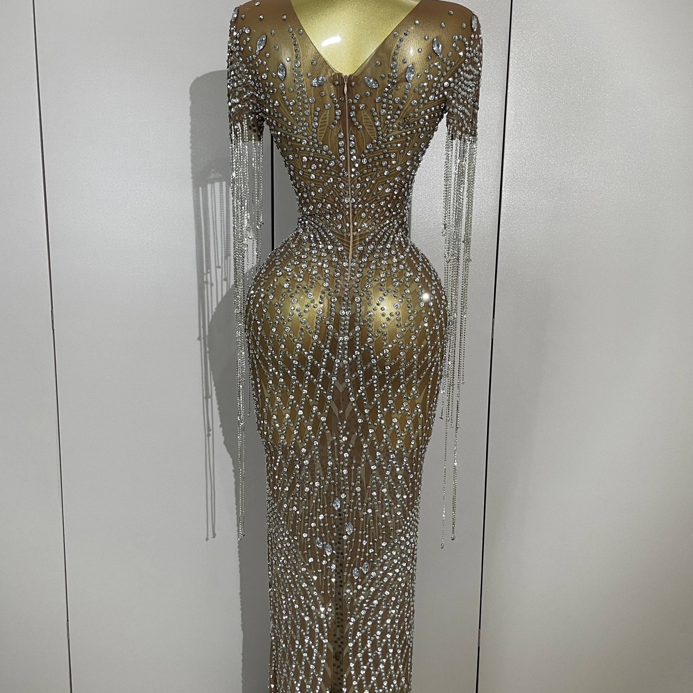 Luxery Sparkly Rhinestones Tassel Transparent Mesh Stretch Long Dress Women Evening Celebrate Birthday Dress Sexy Stage Costumes