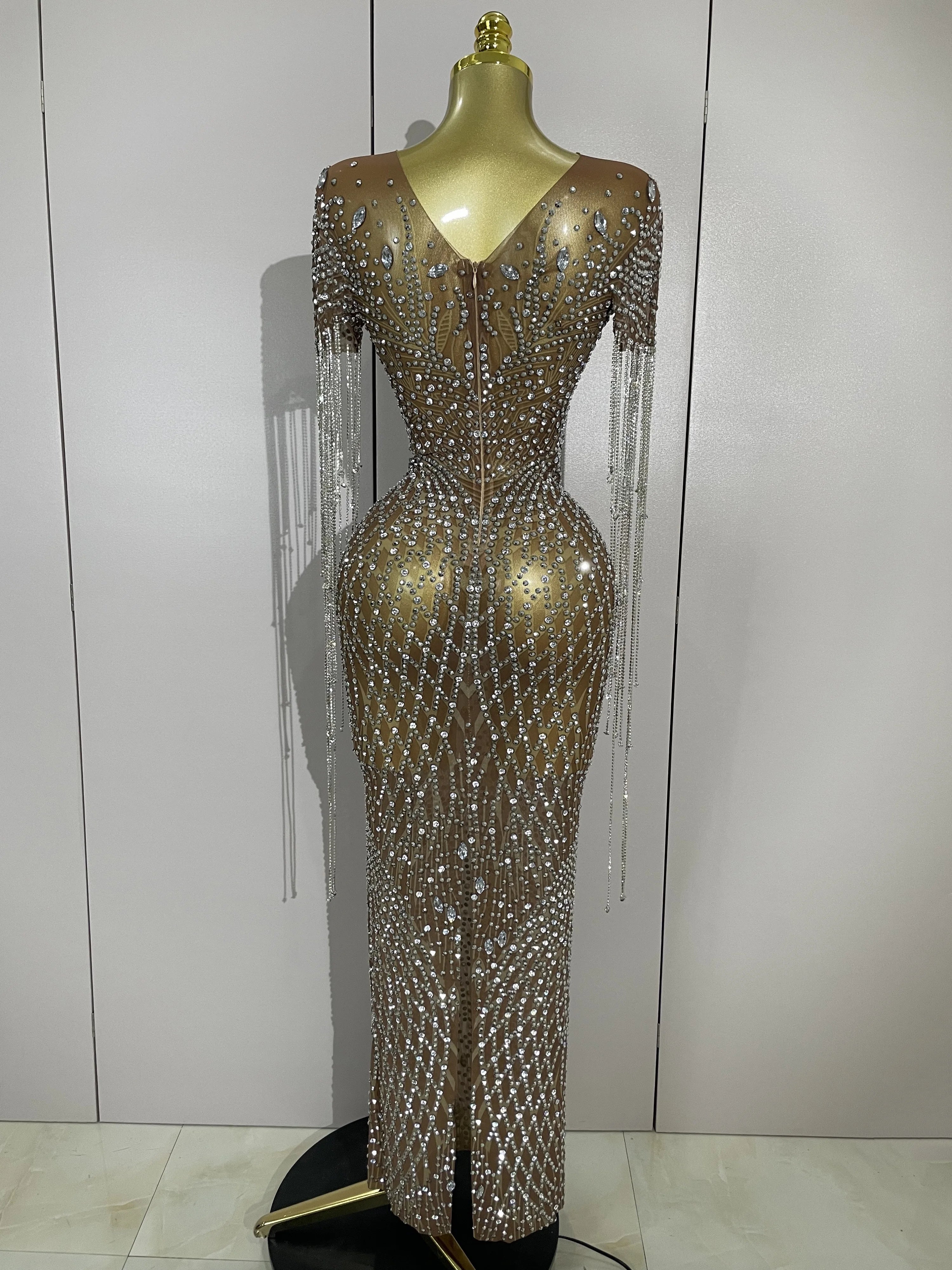 Luxery Sparkly Rhinestones Tassel Transparent Mesh Stretch Long Dress Women Evening Celebrate Birthday Dress Sexy Stage Costumes
