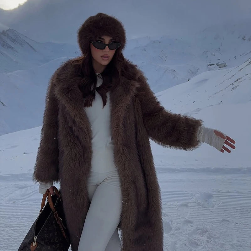 Neo Mint Vintage Luxury Long Faux Fox Fur Coat Women 2024 Winter Warm Fluffy Fur Jacket Female Street Furry Outerwear Overcoat