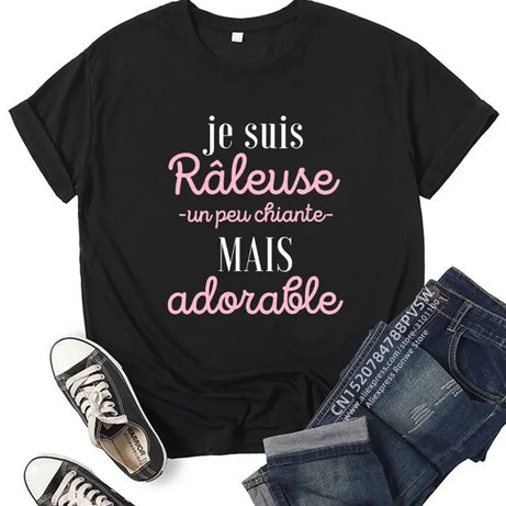 Hauts Harajuku noirs, roses et rouges, vêtements pour femmes, France, t-shirt graphique amusant avec inscription, style fille, manches courtes