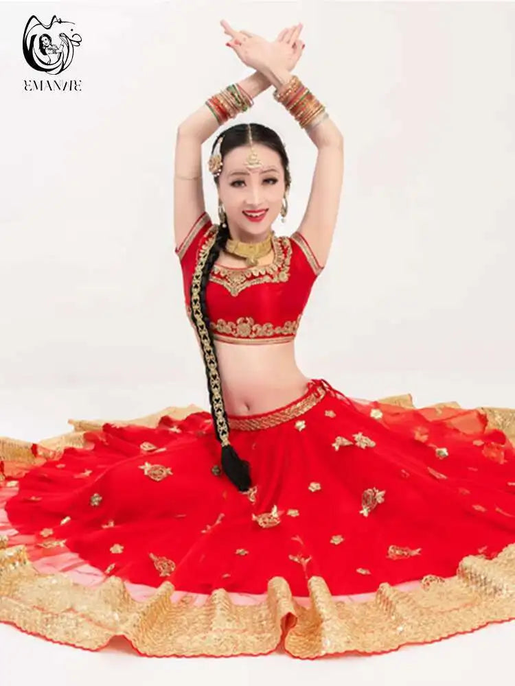 Yiman Exotic Indian Dance Dress Ethnic Style Female Photo Belly Dance Sari Top Big Swing Skirt Lengha Set