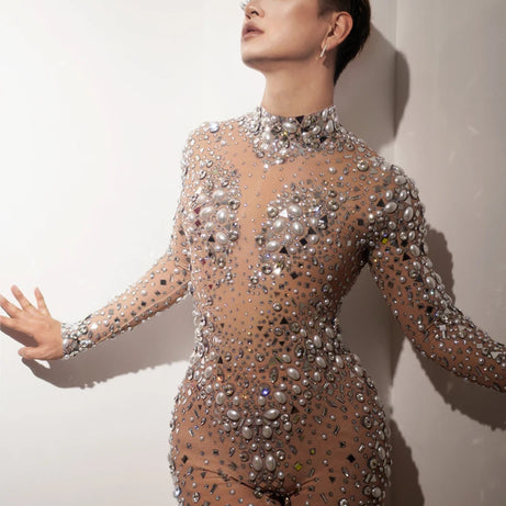 Sparkly Rhinestones Stretch Transparent Jumpsuit Evening Birthday Celebrate Outfit Sexy Dancer Bodysuit Leggings