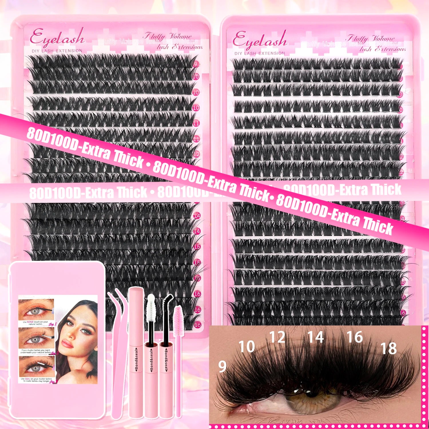Kit d'extension de cils à faire soi-même : faux cils individuels de 9 à 16 mm avec colle et fixateur, effet naturel et vaporeux.