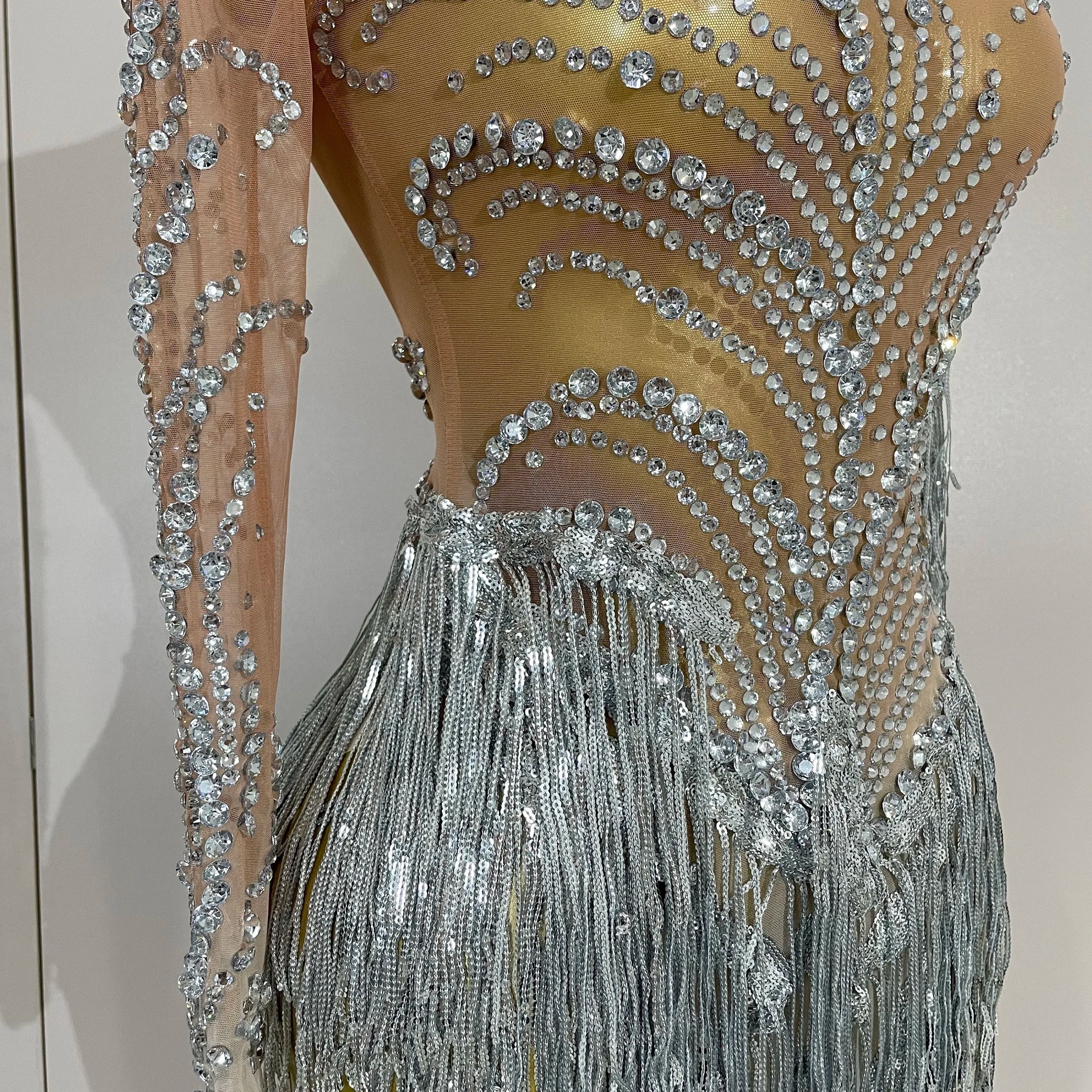 Women Sparkly Rhinestone Pearl Sequins Tassel Sexy Transparent Dress Evening Birthday Party Nightclub Dance Singer Stage Outfit