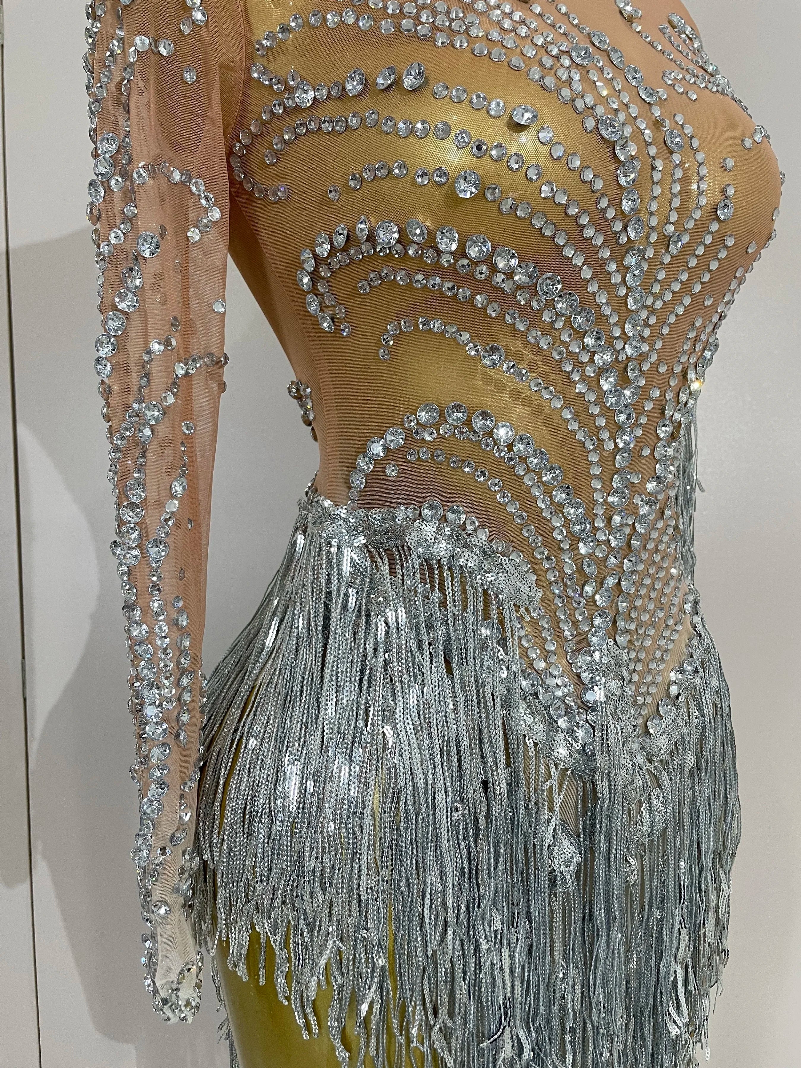 Women Sparkly Rhinestone Pearl Sequins Tassel Sexy Transparent Dress Evening Birthday Party Nightclub Dance Singer Stage Outfit