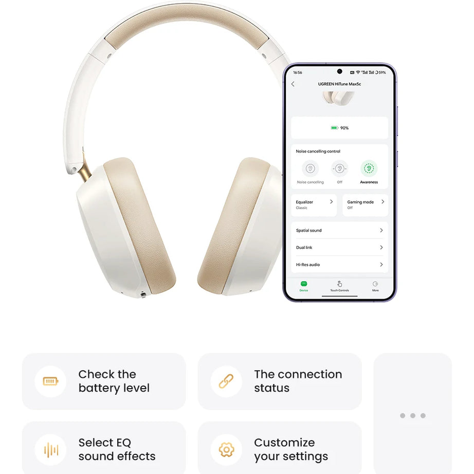 Écouteurs sans fil Bluetooth UGREEN Max5c avec réduction de bruit active ANC 43 dB, audio spatial haute résolution LDAC 75 Hz.