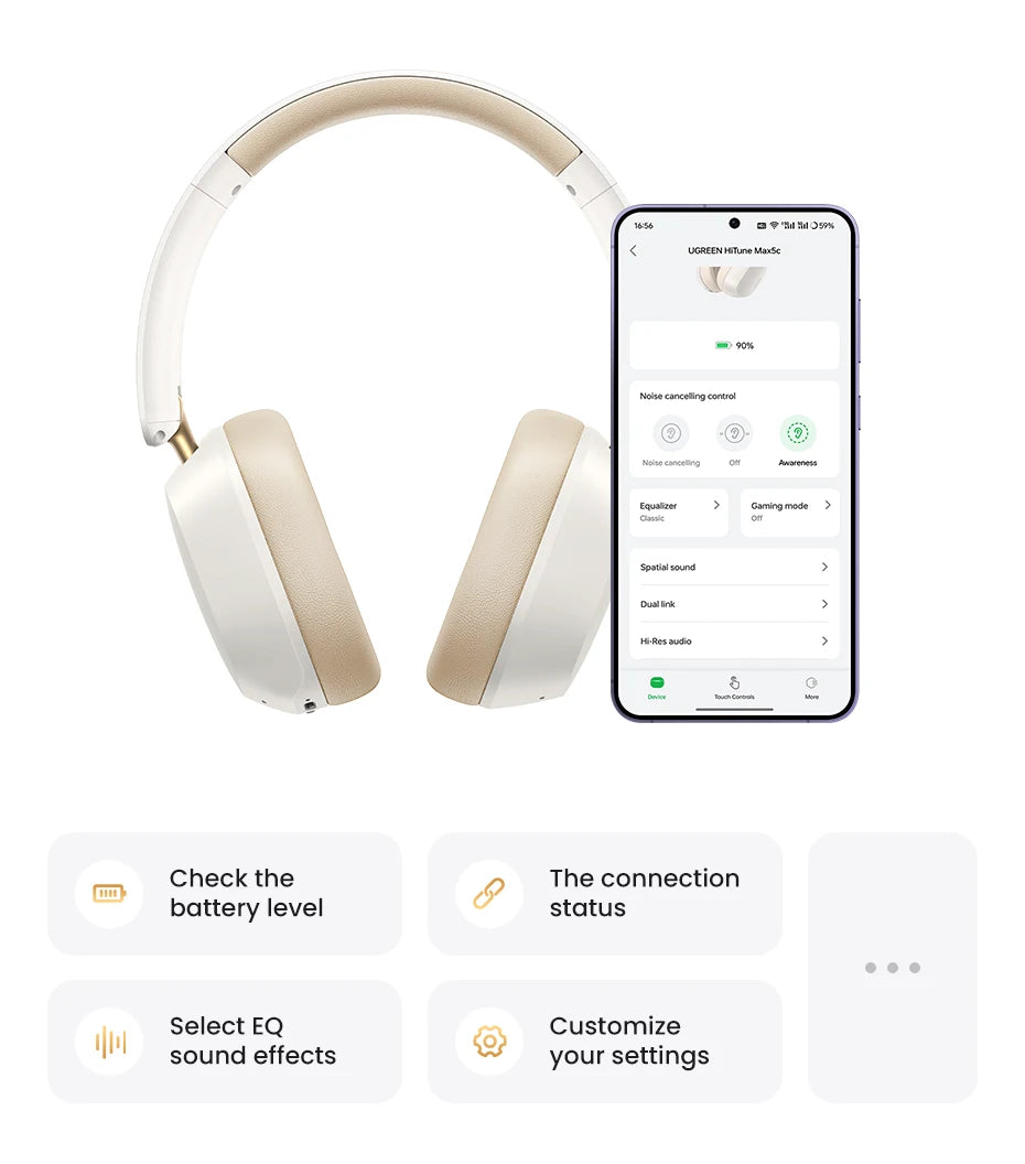 Écouteurs sans fil Bluetooth UGREEN Max5c avec réduction de bruit active ANC 43 dB, audio spatial haute résolution LDAC 75 Hz.