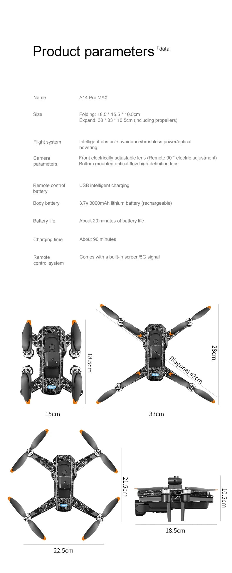 Véritable quadricoptère RC pliable A14 Pro Max GPS Brushless 8K avec trois caméras, détection d'obstacles et écran, pour une portée optimale.