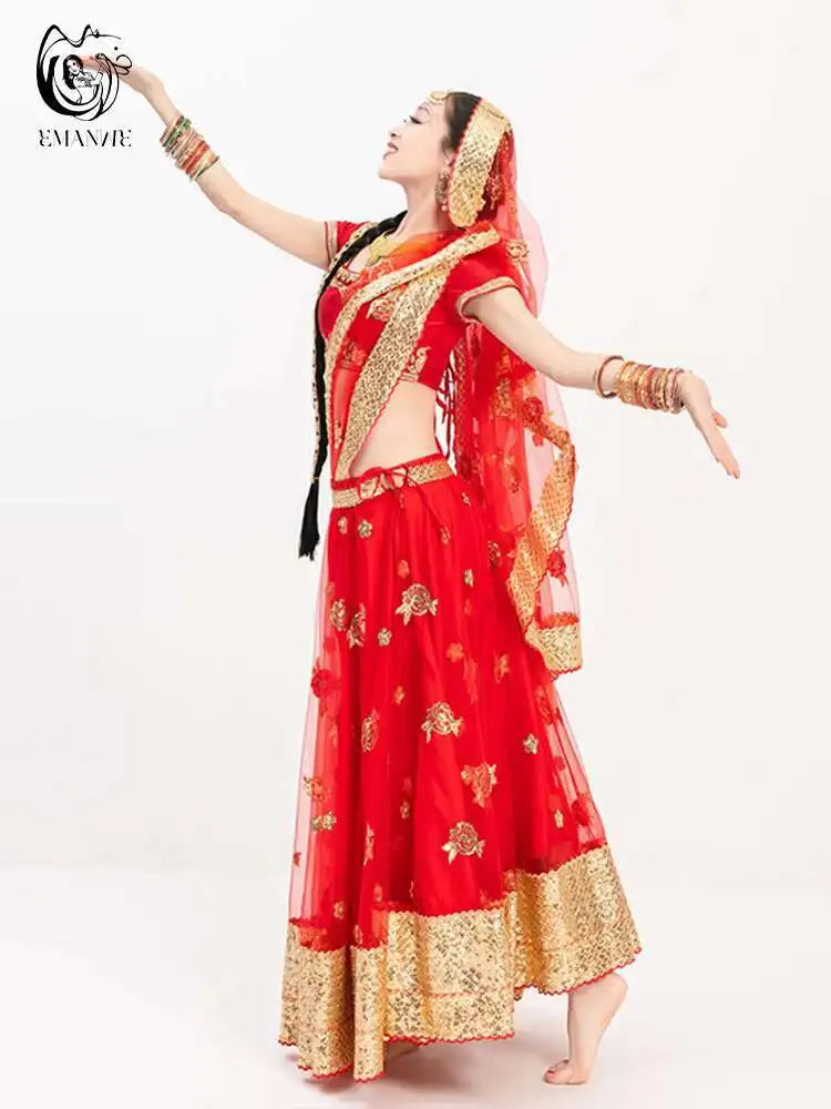Yiman Exotic Indian Dance Dress Ethnic Style Female Photo Belly Dance Sari Top Big Swing Skirt Lengha Set