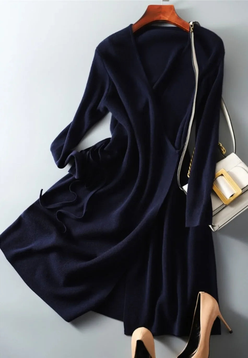 Pull d'automne-hiver pour femme, robe cache-cœur à col V, style coréen, jupe ample et élégante en maille