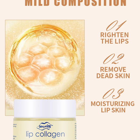 Masque de nuit pour les lèvres à l'acide hyaluronique et au collagène (20 g) : hydratation intense et longue durée, exfoliation, jour et nuit. Idéal comme cadeau.