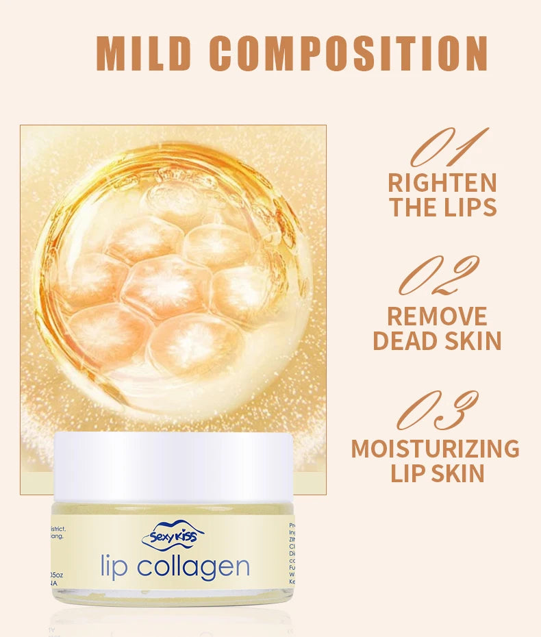Masque de nuit pour les lèvres à l'acide hyaluronique et au collagène (20 g) : hydratation intense et longue durée, exfoliation, jour et nuit. Idéal comme cadeau.