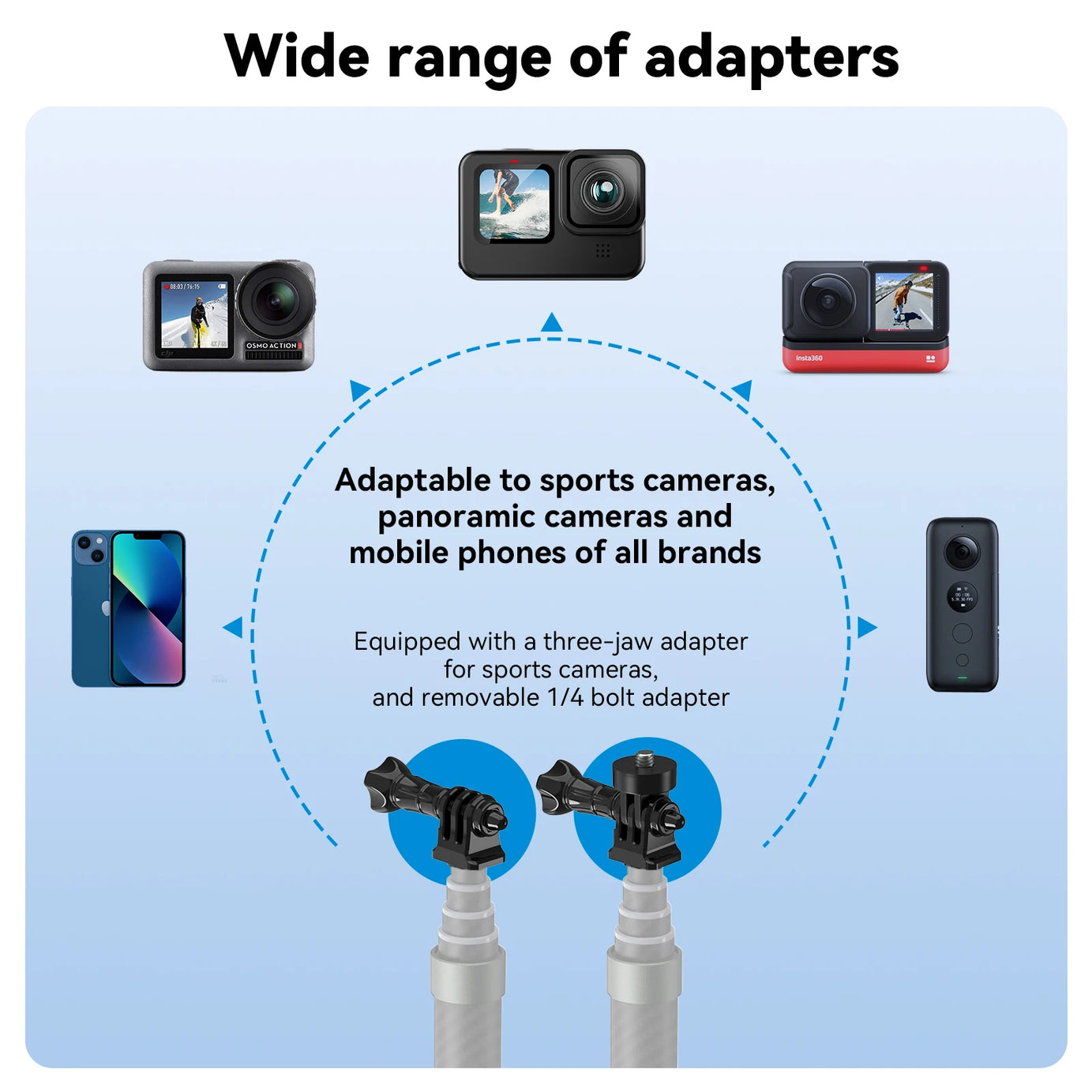 Perche à selfie monopode extensible TELESIN en fibre de carbone de 1,2 m x 3 m, avec vis 1/4", compatible avec les caméras d'action GoPro, Insta360, Osmo Action et DJI.