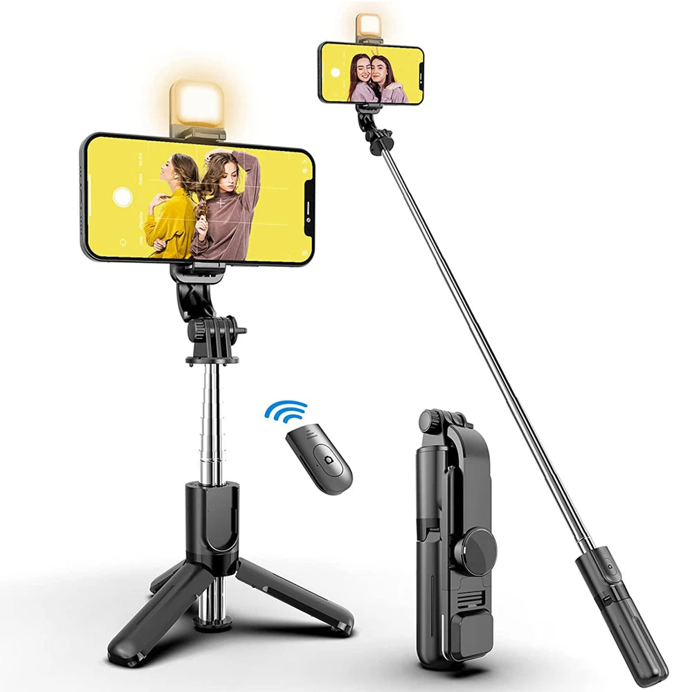 Perche à selfie sans fil Bluetooth avec trépied pliable et portable, éclairage d'appoint et télécommande pour smartphones Android et iPhone.