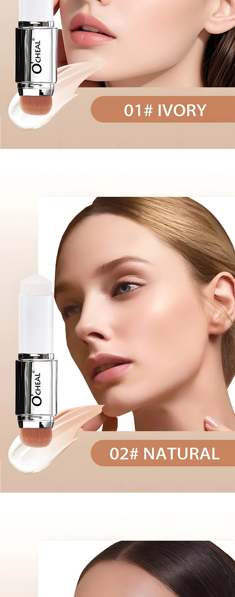 Fond de teint stick thermosensible O'CHEAL, couvrance du visage, imperfections et pores, double embout, fini mat.