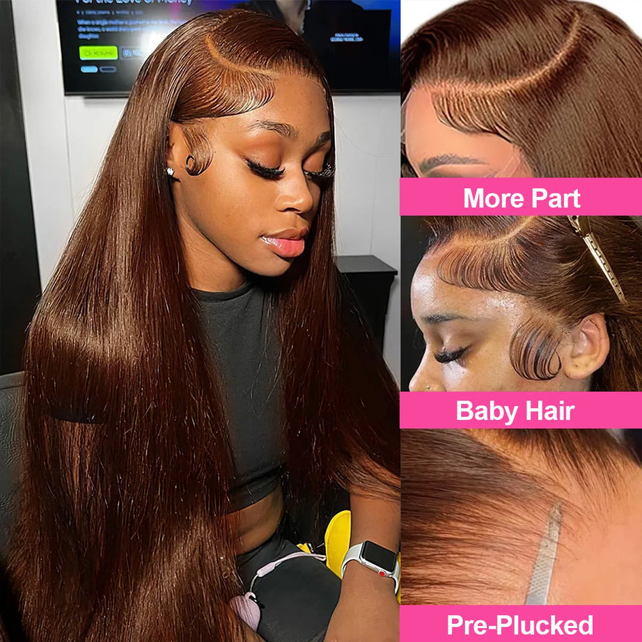 Perruque Lace Front HD Chocolat Brun Os Lisse 13x4 13x6, 38 pouces, Cheveux Humains Pré-épilés, Couleur #4