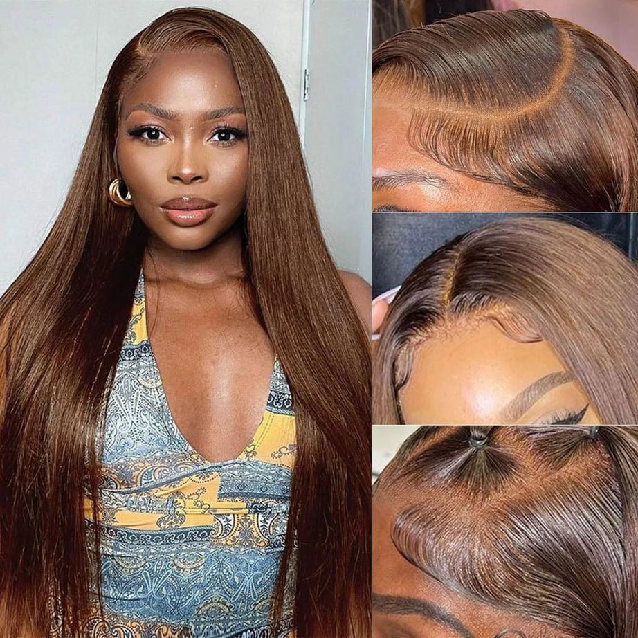 Perruque Lace Front HD Chocolat Brun Os Lisse 13x4 13x6, 38 pouces, Cheveux Humains Pré-épilés, Couleur #4
