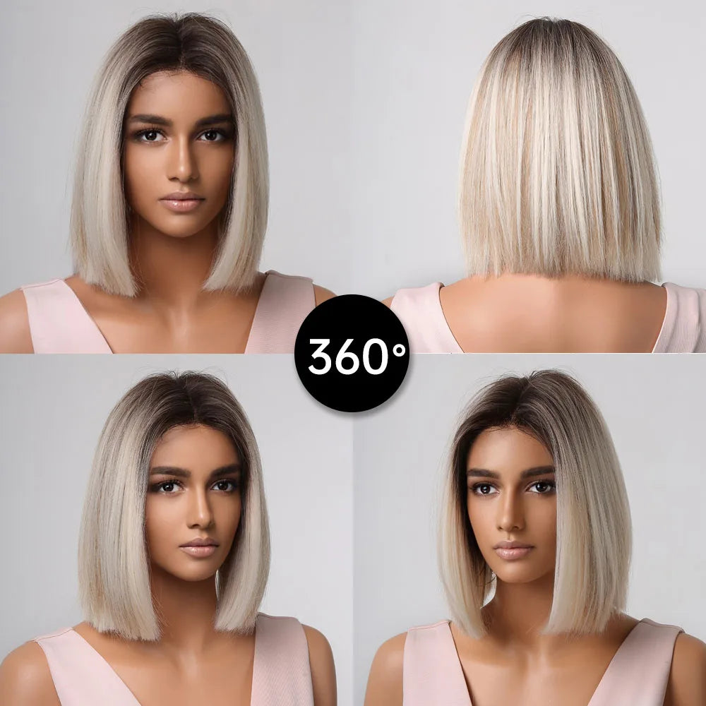 Perruque synthétique blanche, blonde et grise avec frange, coupe courte et lisse, idéale pour le cosplay et le quotidien. Cheveux naturels et résistants à la chaleur.