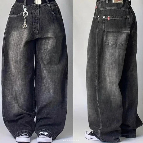 Jean tendance streetwear brodé de têtes de mort pour femme, style Harajuku Y2K, pantalon droit à jambes larges, style Joker, jean décontracté pour couple