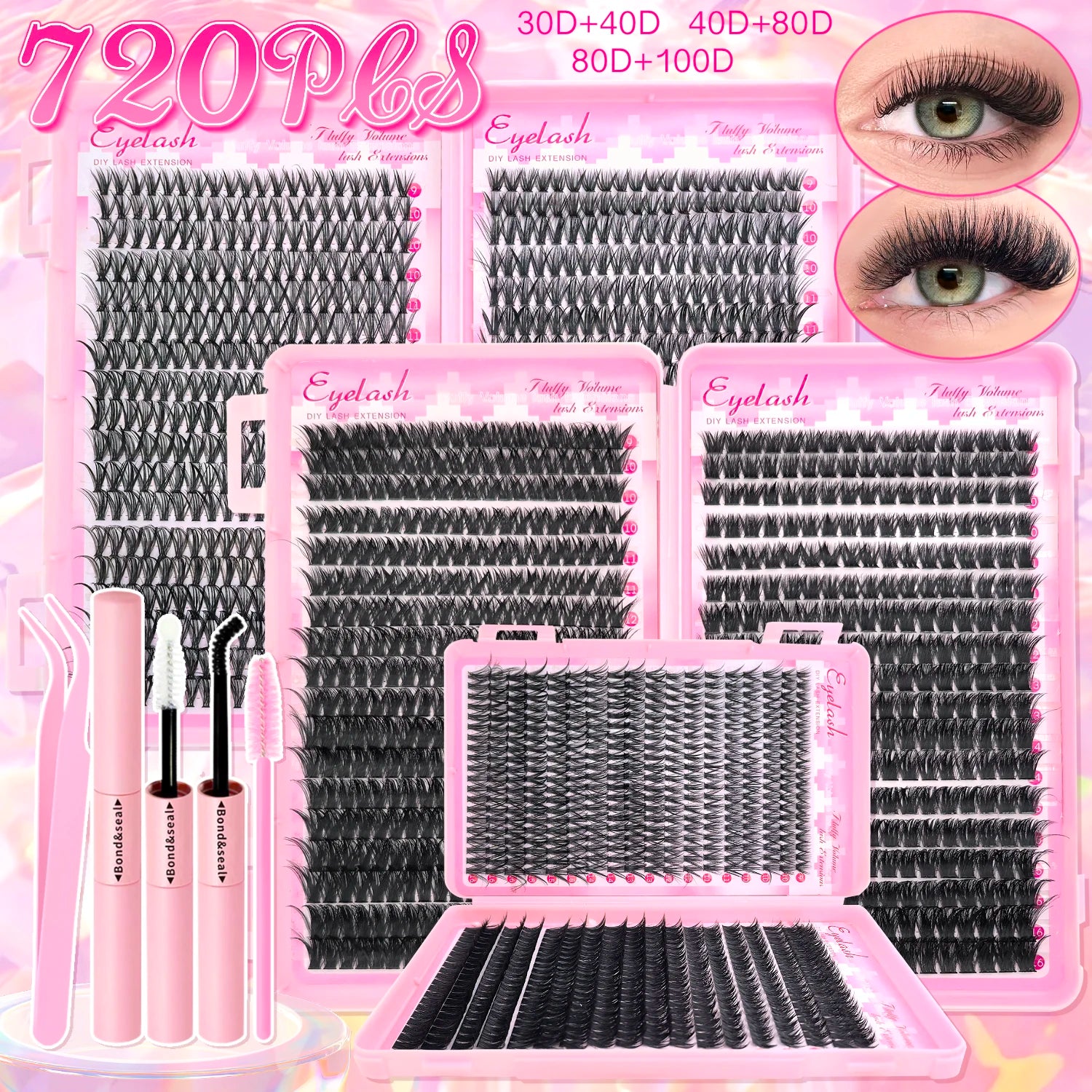 Kit d'extension de cils à faire soi-même : faux cils individuels de 9 à 16 mm avec colle et fixateur, effet naturel et vaporeux.