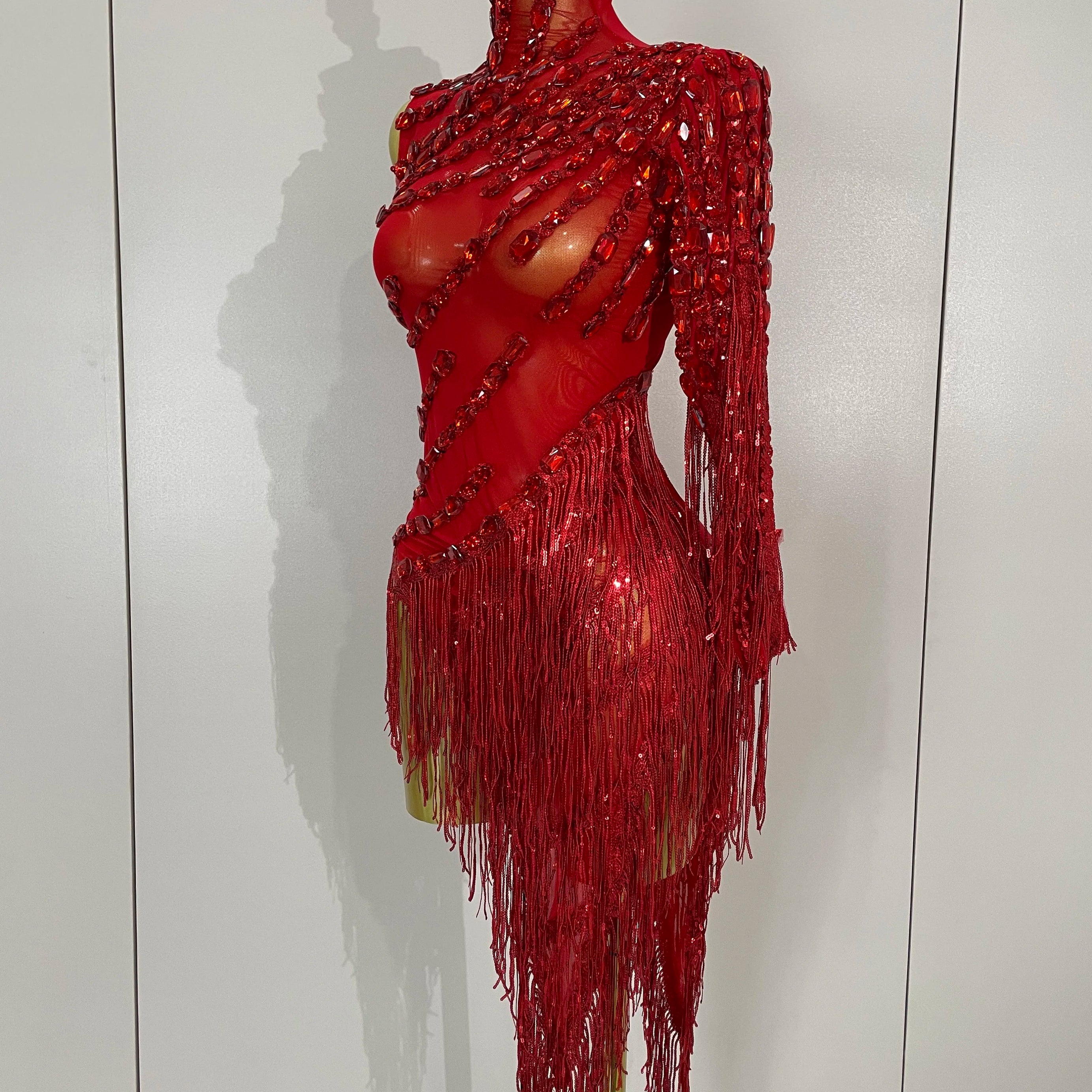New Stage Costume Sparkly Rhinestones Tassel Sexy See-Through Dress Women One Shoulder Latin Dance Bars Nightclub Party Outfits