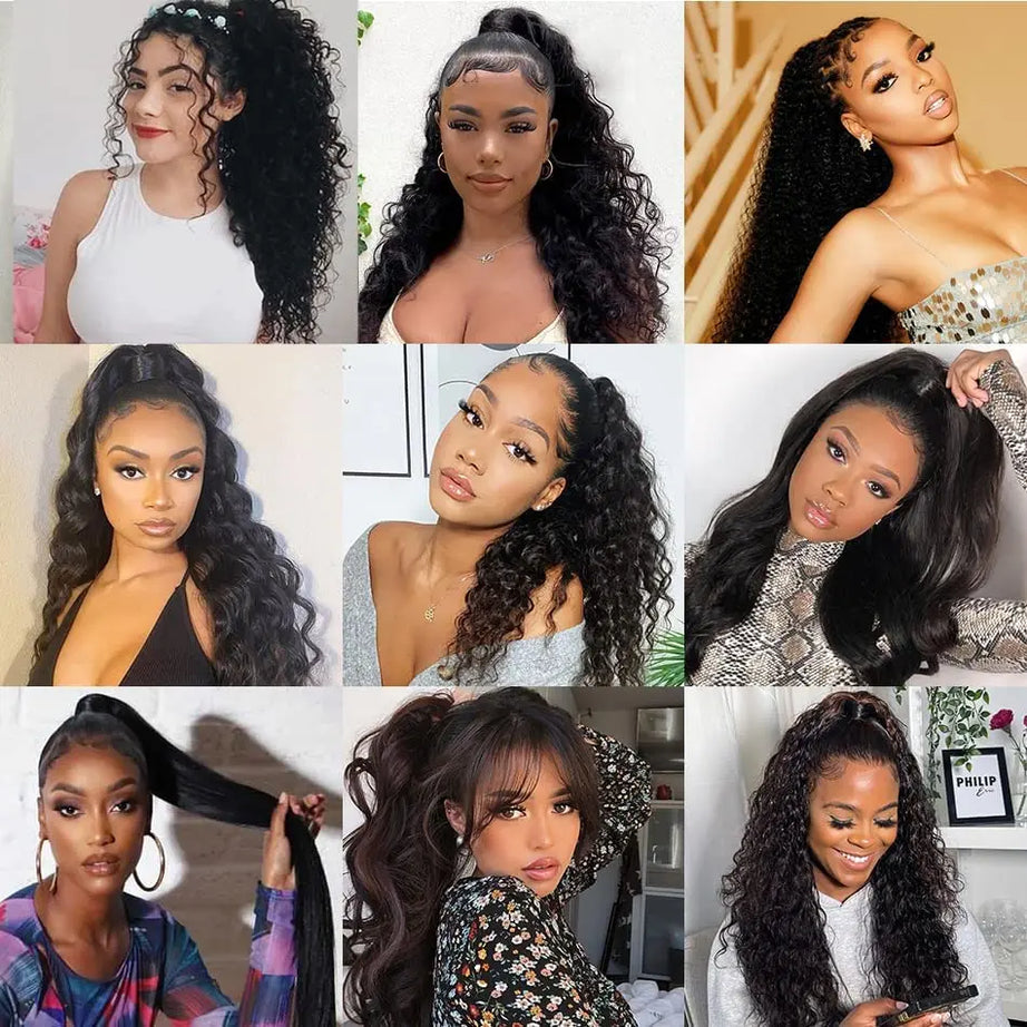 Queue de cheval lisse de 25 à 80 cm, confectionnée à la machine, avec clips magiques, extensions de cheveux humains brésiliens Remy noirs et bouclés.