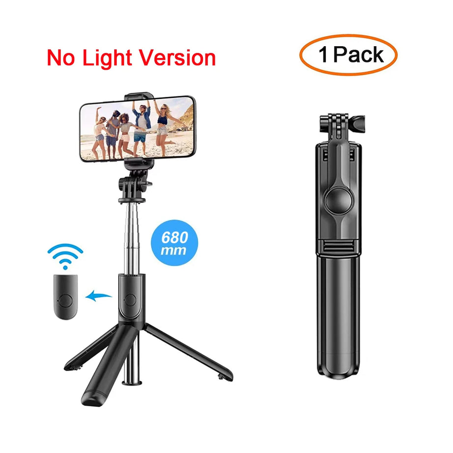 Perche à selfie sans fil Bluetooth avec trépied pliable et portable, éclairage d'appoint et télécommande pour smartphones Android et iPhone.