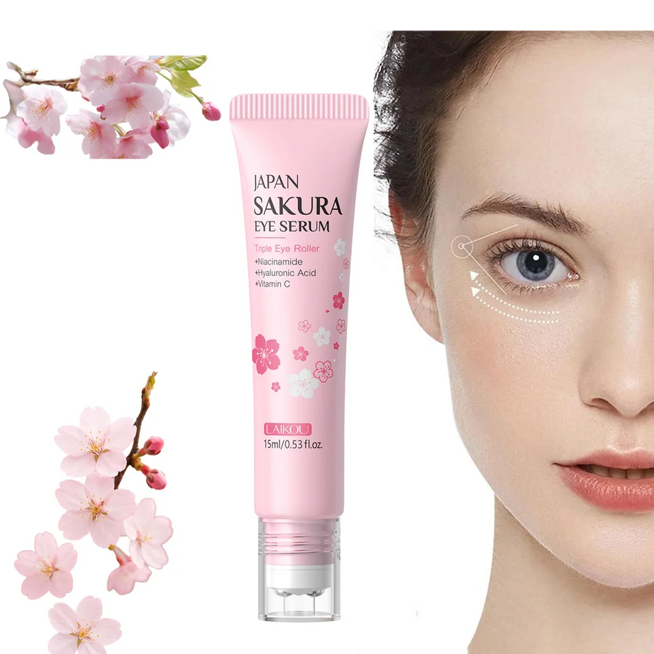 LAIKOU Sakura Eye Serum Roller Massage con ácido hialurónico para el cuidado de la piel, bolsas en los ojos, crema hidratante para ojeras 15 ml