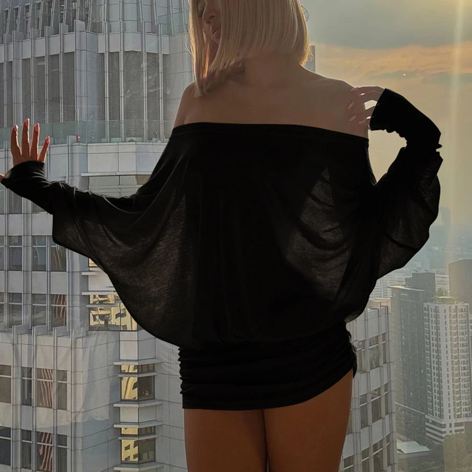 Robe mini Dulzura à épaules dénudées et manches longues, ornée de patchwork froncé, pour femme, tenue sexy, élégante et décontractée idéale pour les soirées et les clubs, printemps-été.