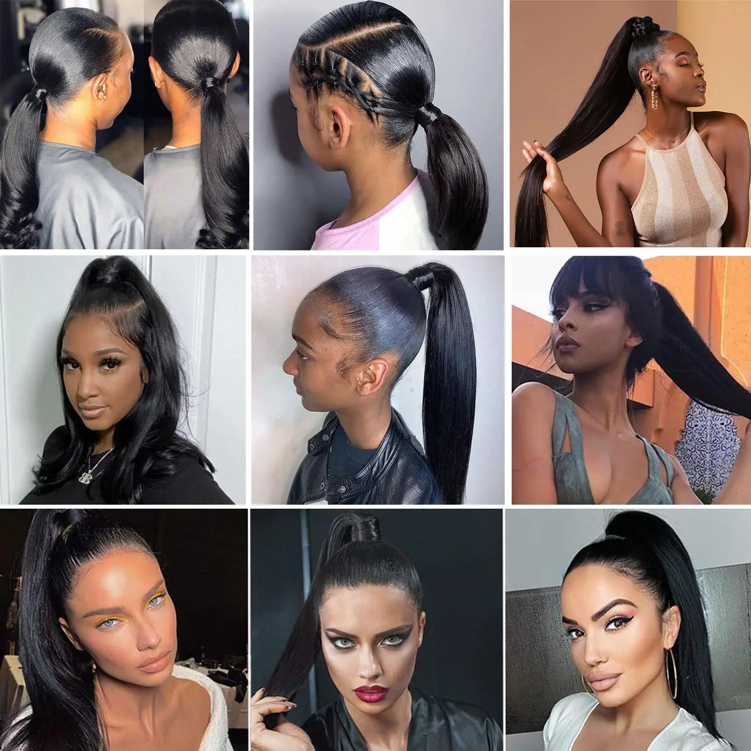 Queue de cheval lisse de 25 à 80 cm, confectionnée à la machine, avec clips magiques, extensions de cheveux humains brésiliens Remy noirs et bouclés.