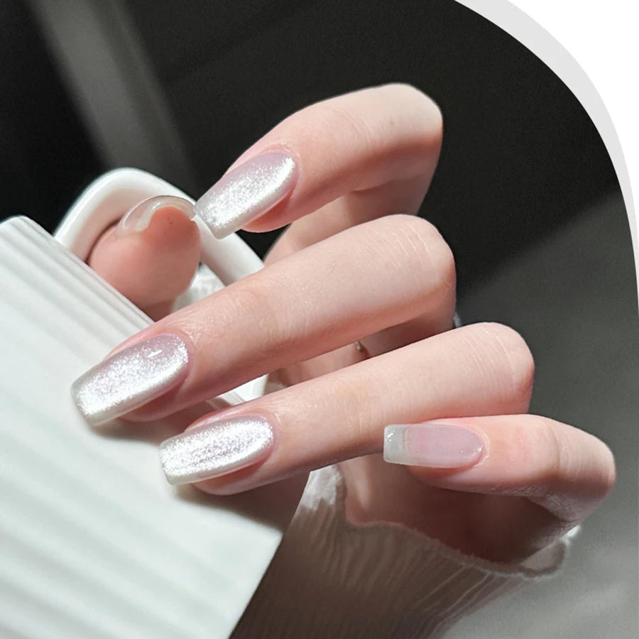 Vernis à ongles gel holographique à paillettes effet miroir blanc porcelaine, effet œil de chat, 10 ml, effet galactique magnétique, à dissoudre sous une lampe UV LED.