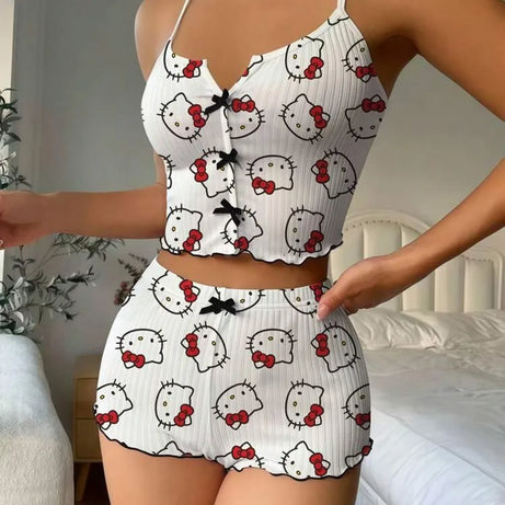 Ensemble pyjama short à bretelles courtes Spice Girl, nouveau dessin animé Hello Kitty, débardeur fin, short, idéal pour se détendre à l'extérieur.